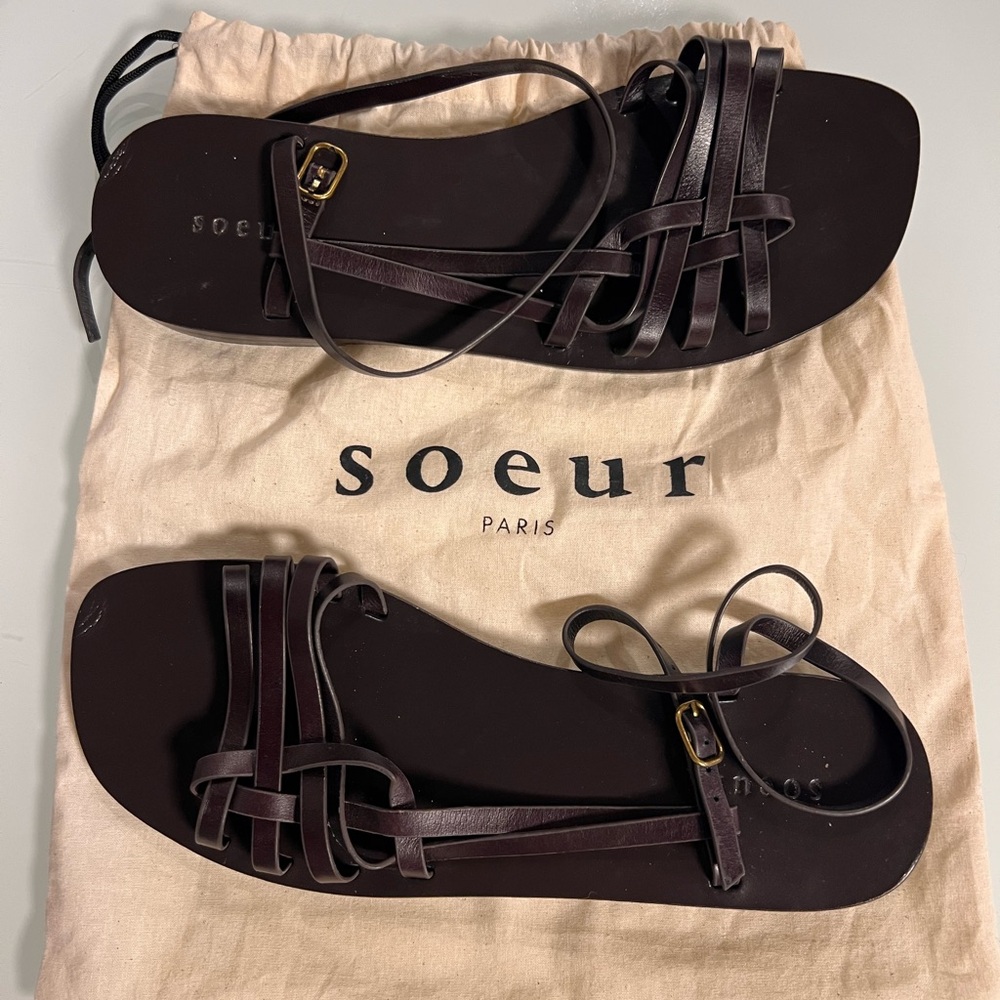 soeur Dark Brown Multi-Strap Leather Sandals